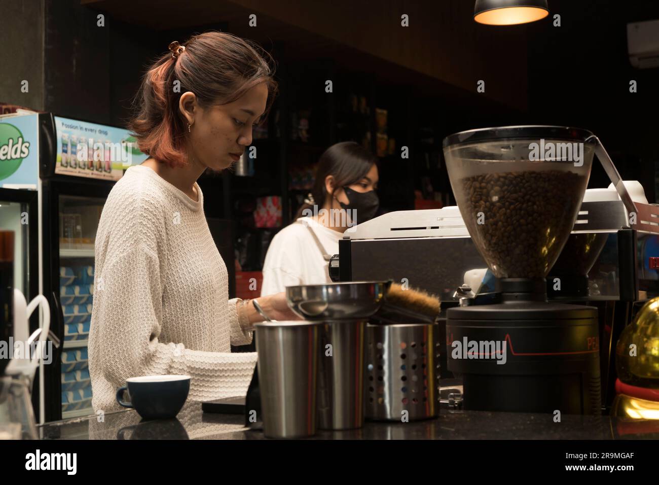 1° giugno 2023. Barista donna che prepara il caffè per il cliente presso la caffetteria di Yogykarta, Indonesia. Persone in fotografia d'azione. Foto Stock