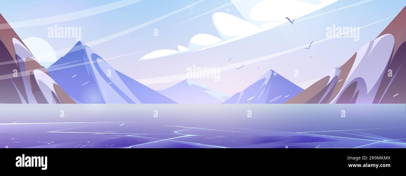 Paesaggio montano innevato con ghiaccio sul fiume. Cartoni animati vettoriali che illustrano il lago ghiacciato, gli uccelli che volano nel cielo nuvoloso, il ghiacciaio sulle cime rocciose. Vista panoramica sul polo nord. Sfondo invernale artico Illustrazione Vettoriale