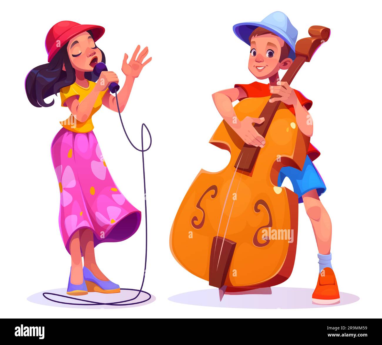 Band di musicisti di strada con illustrazione vettoriale del cantante. Personaggio del lettore musicale con set isolato per contrabbasso e microfoni. L'artista gioca per feste e hobby Illustrazione Vettoriale