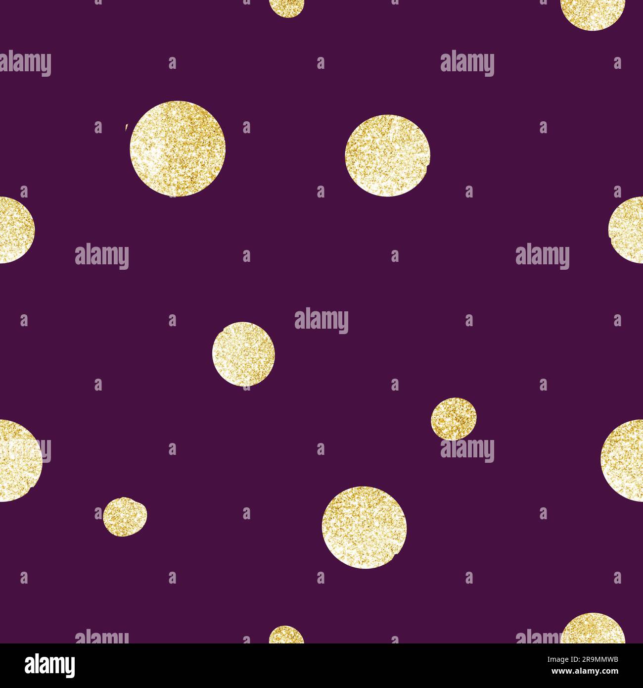 Ripetizione senza cuciture. Notte d'estate. Sfondo viola scuro, stelle rotonde dorate. Negligenza deliberata. Per tessuti, inviti, sfondi, tovaglie Foto Stock