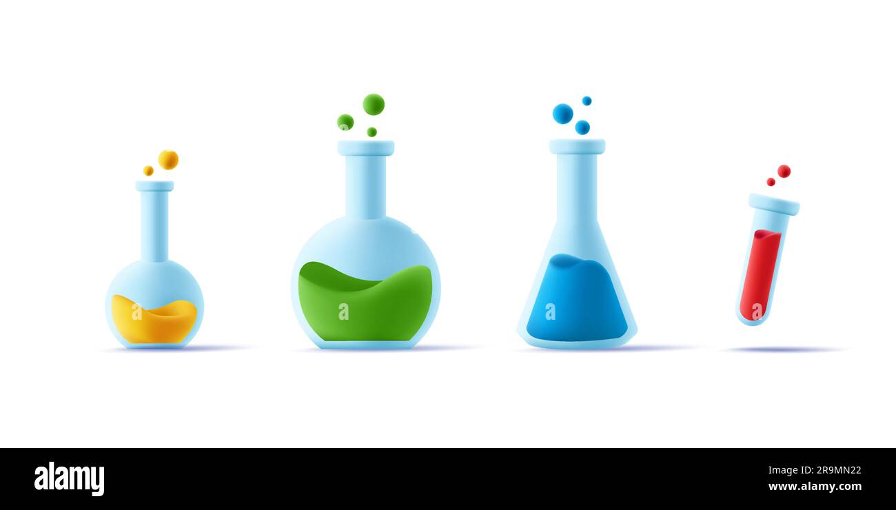 Set di attrezzature da laboratorio di beacker in vetro di diverse forme e con liquido colorato, icona di rendering 3d. Illustrazione Vettoriale