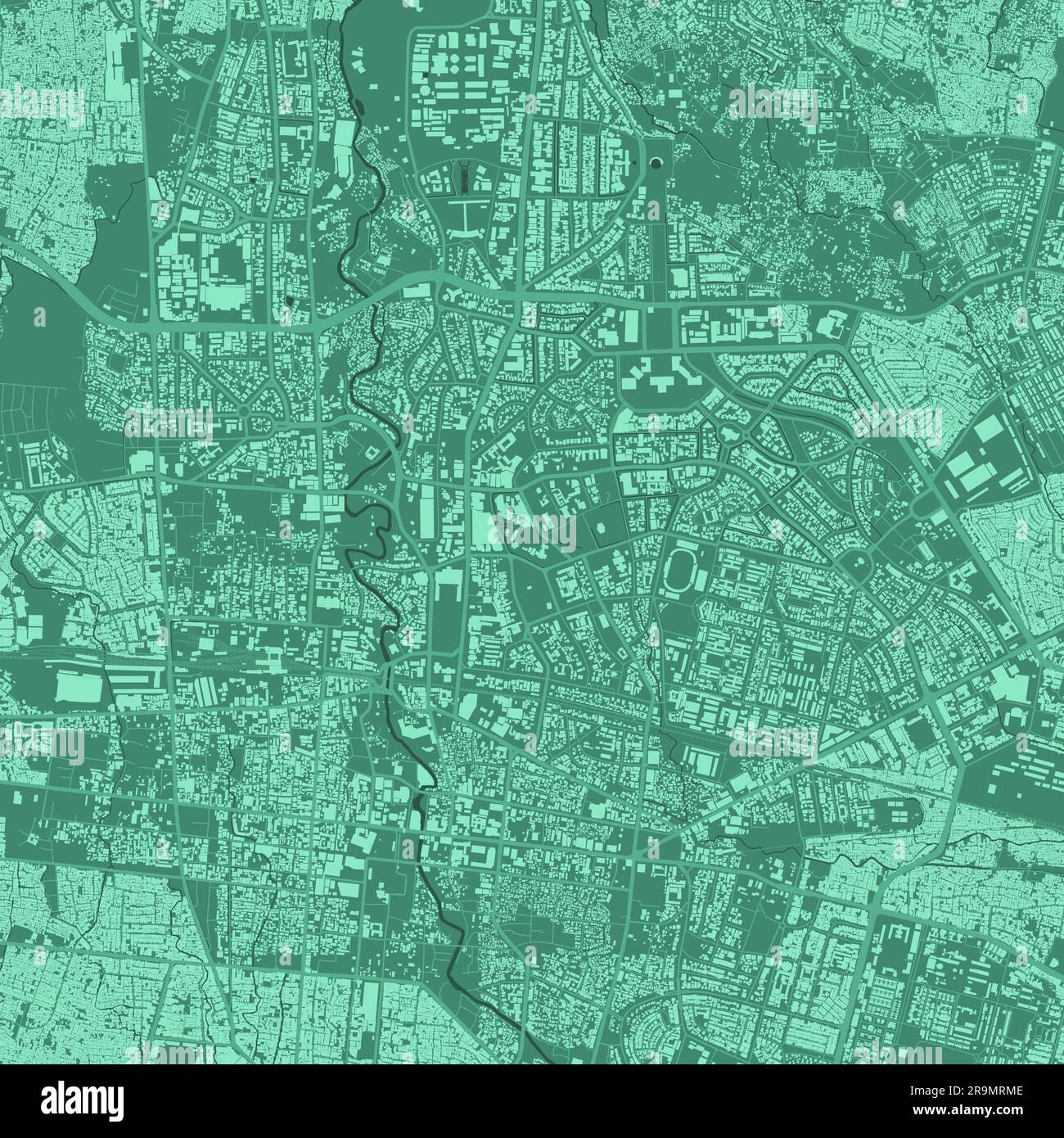 Poster della mappa dettagliata dell'area amministrativa della città di Bandung con edifici. Panorama verde dello skyline. Mappa turistica grafica decorativa del territorio di Bandung. R Illustrazione Vettoriale
