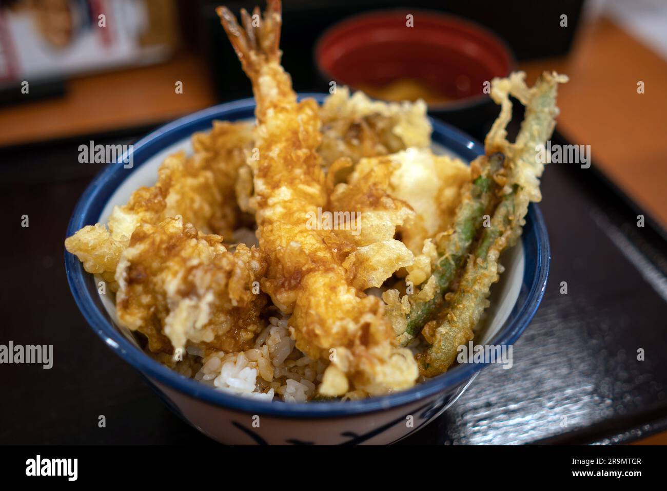 Una ciotola di cibo giapponese, tempura sul riso a Tokyo in Giappone Foto Stock