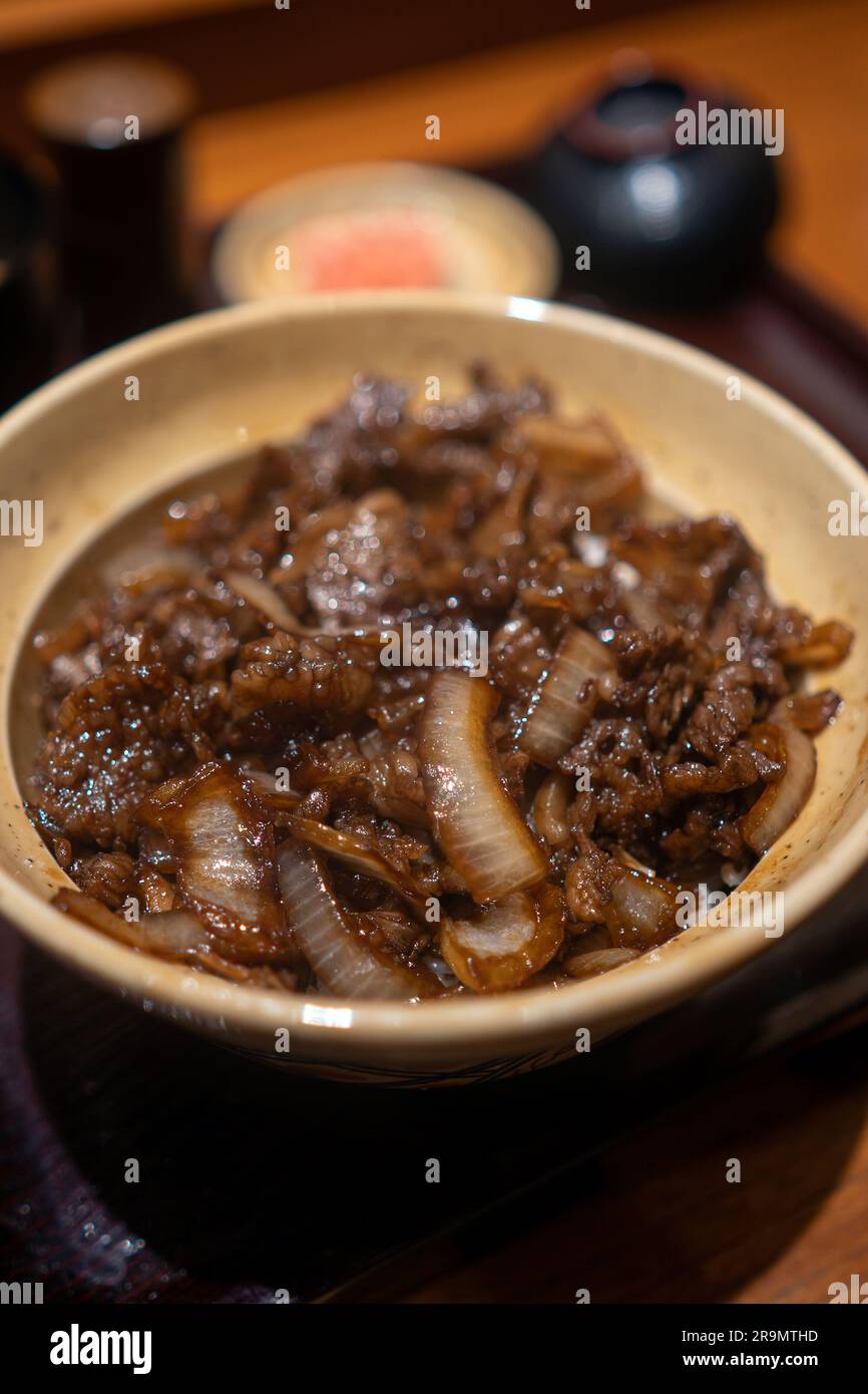 Gyudon, una ciotola di riso di manzo giapponese famosa in Giappone Foto Stock