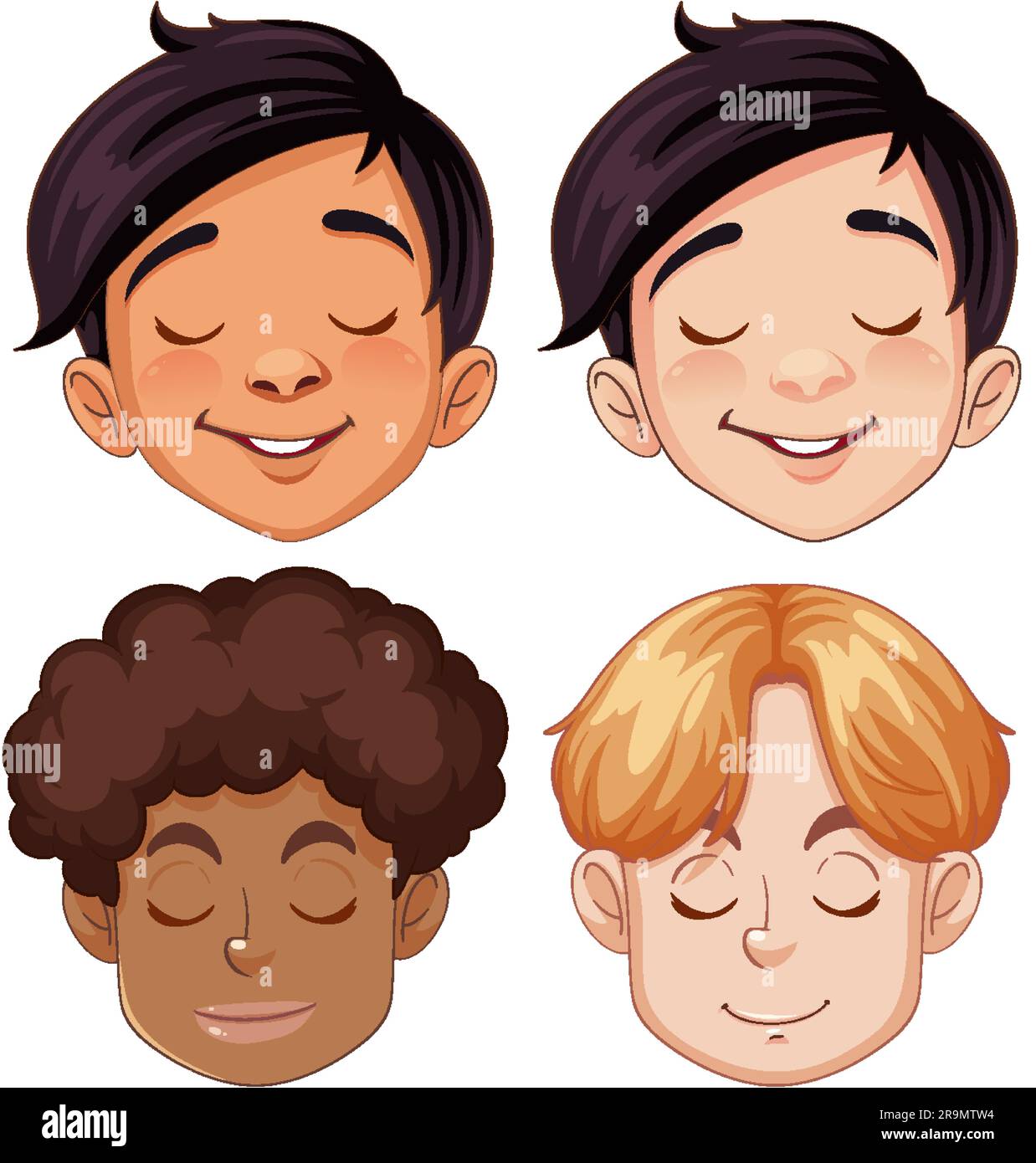 Set di illustrazioni per occhi di chiusura facciale di un cartone animato maschile diverso da razza Illustrazione Vettoriale