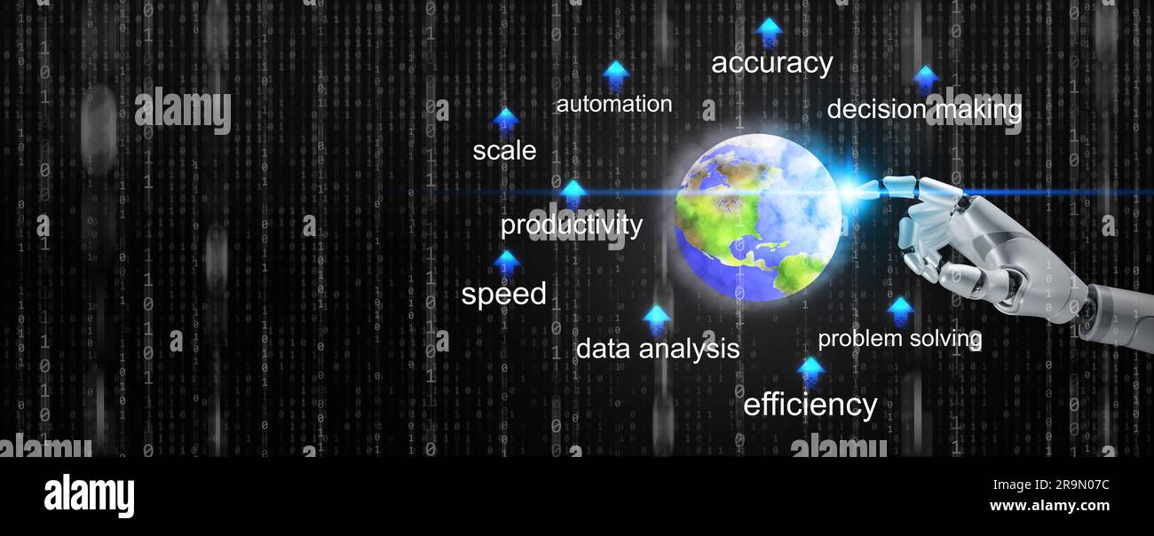 L'INTELLIGENZA ARTIFICIALE cambia o trasforma il nostro concetto di mondo. Vantaggi e vantaggi dell'intelligenza artificiale. La mano robotica tocca la nostra società globale e aumenta Foto Stock