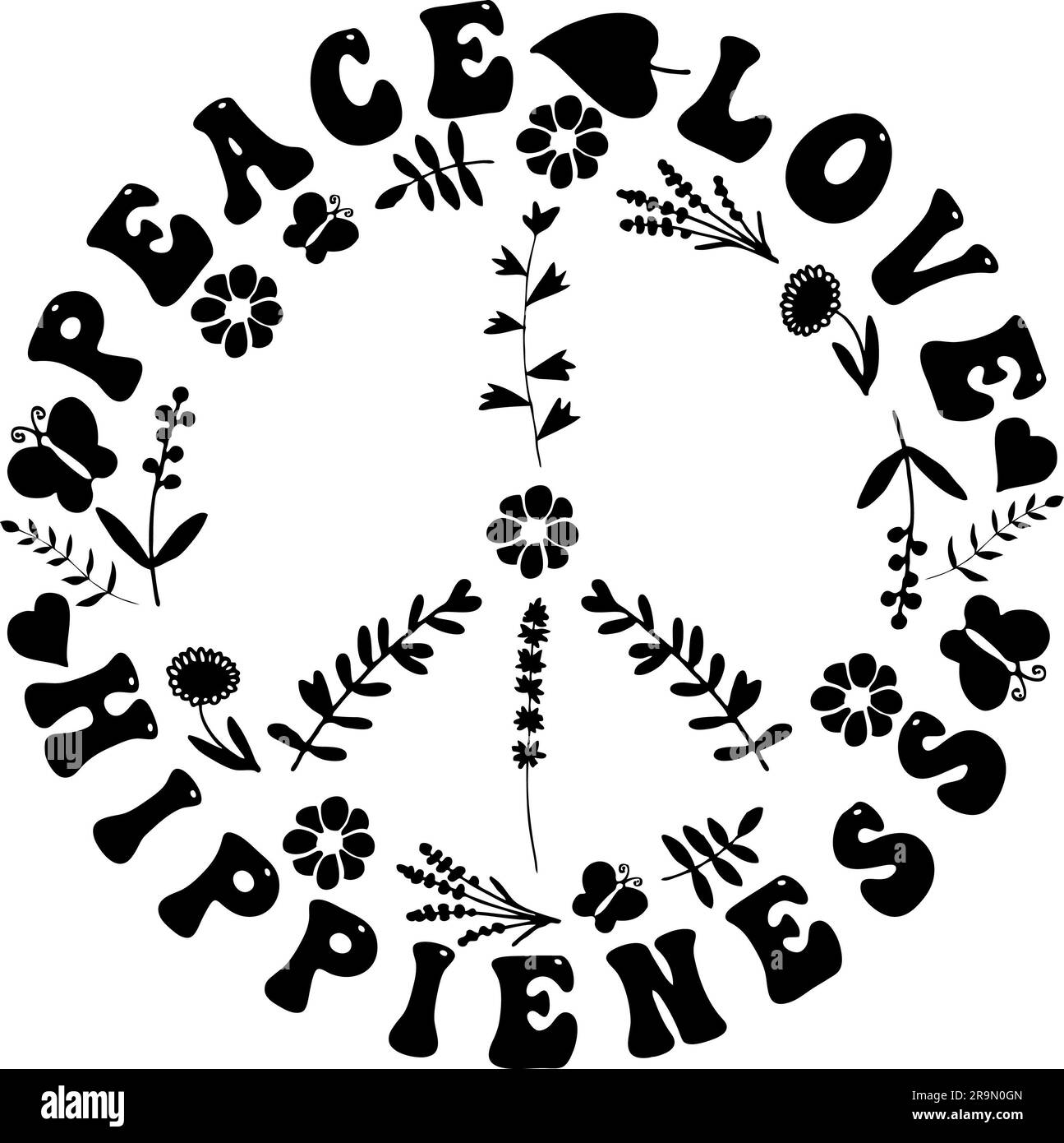 Pace amore Hippieness - segno di pace Hippie nero carino Foto Stock