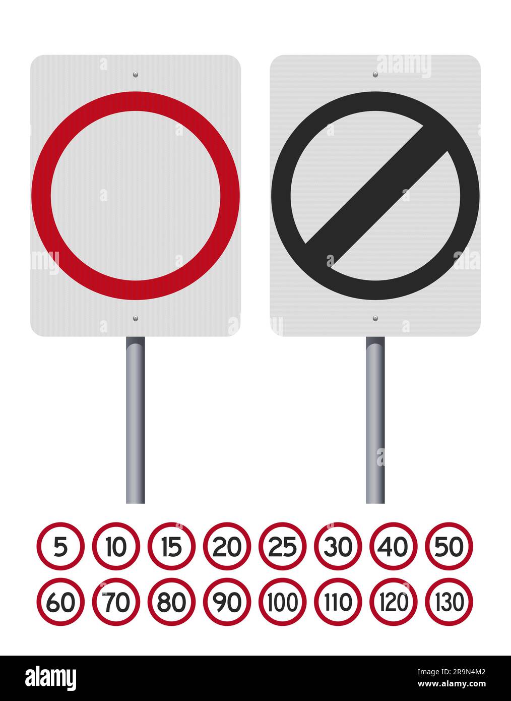 Illustrazione vettoriale della segnaletica stradale del limite di velocità australiano su palo metallico (numeri facilmente modificabili) Illustrazione Vettoriale