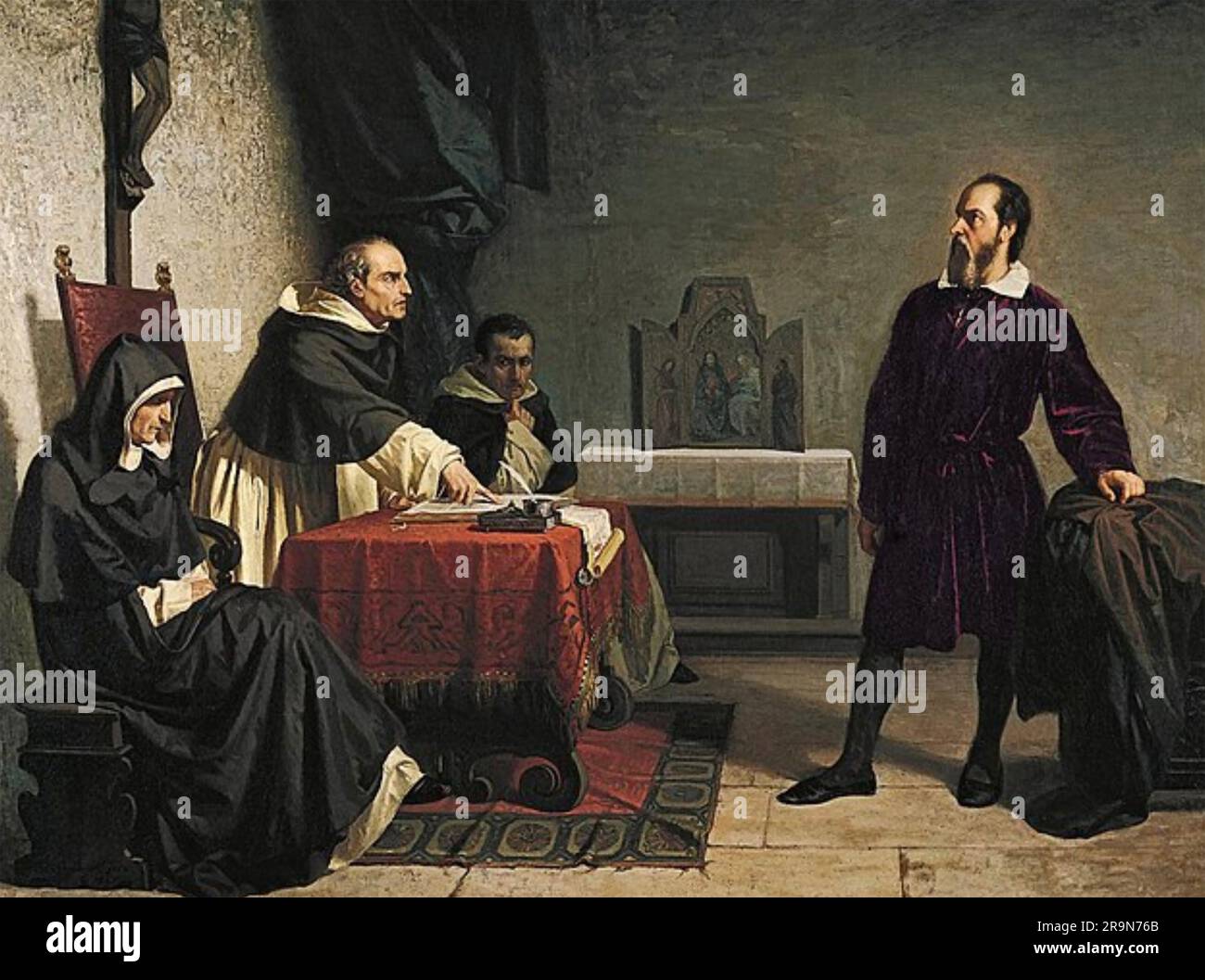 GALILEO GALILEI (1564-1642) scienziato italiano appare davanti all'Inquisizione Romana nel dipinto del 1857 di Cristiano Banti. Foto Stock