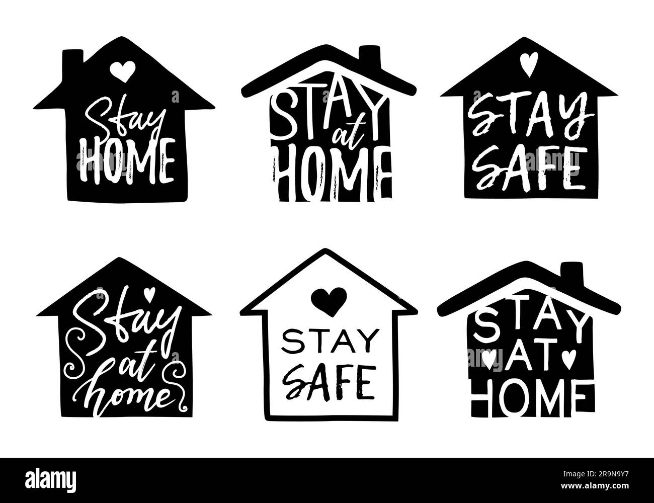Serie vettoriale di case e Stay Home, Stay Safe lettering tipografia isolata su bianco. Adesivi motivazionali, cartelli, icone o simboli alla moda q Illustrazione Vettoriale