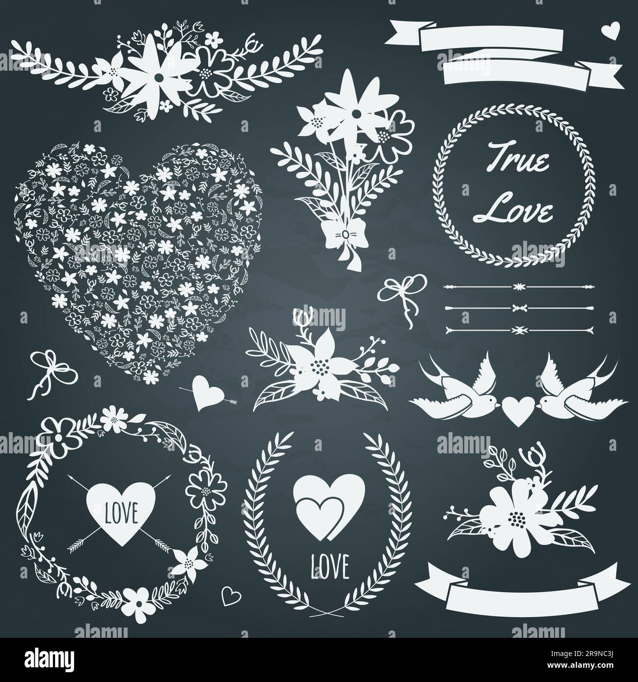 Set da matrimonio vettoriale con mazzi, uccelli, cuori, frecce, nastri, corone, fiori, archi, alloro. Illustrazione Vettoriale