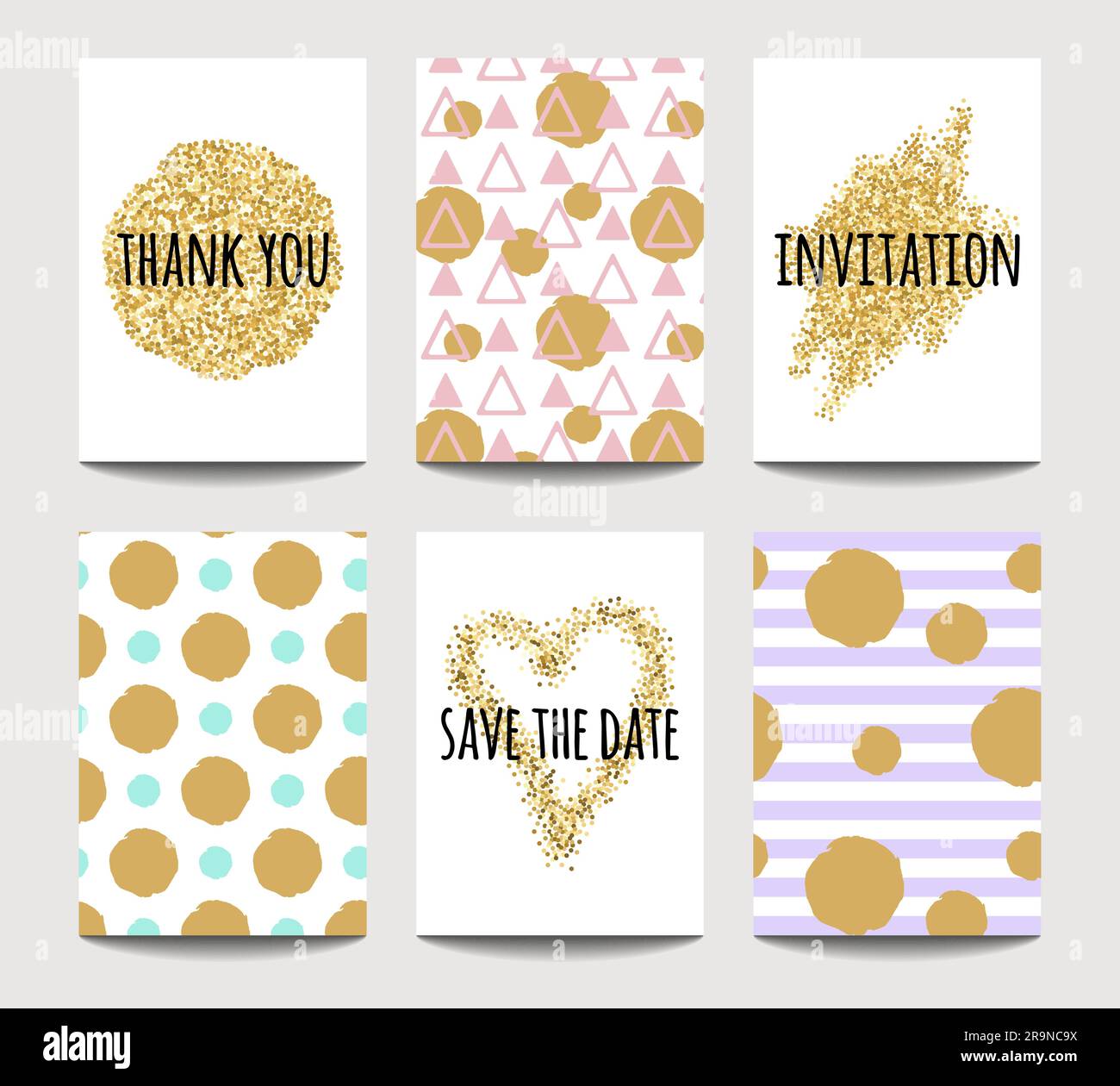 Set vettoriale di biglietti d'amore per il matrimonio e San Valentino con effetti scintillanti dorati. Modelli di invito, biglietto d'auguri, poster. Illustrazione Vettoriale