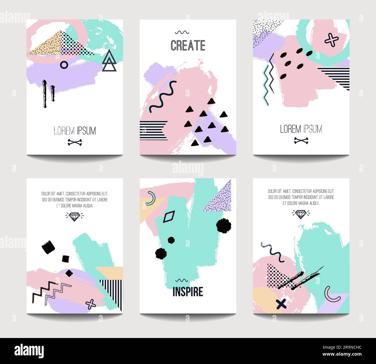 Modelli di brochure vettoriali alla moda con elementi geometrici a pennello disegnati a mano. Design moderno e minimalista per poster, banner, presentazione di copertina, Illustrazione Vettoriale