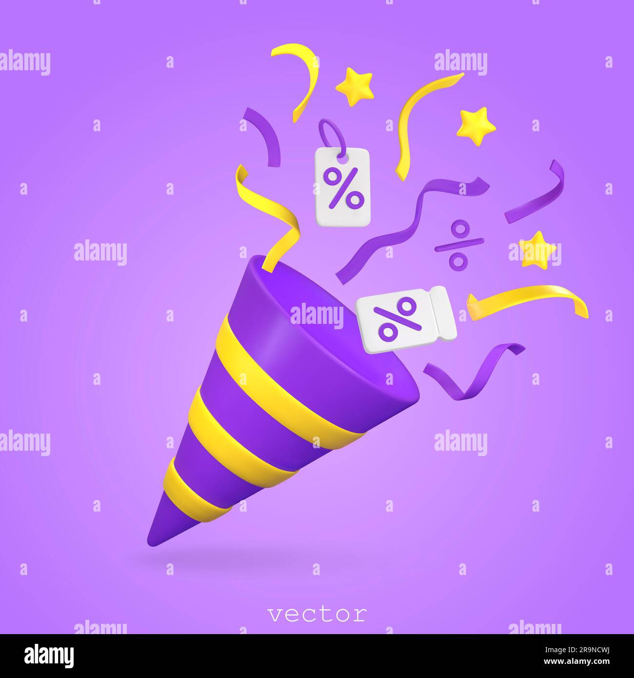 Pop 3d con serpentina volante, nastri, etichette regalo, stelle, simboli percentuale. Concetto di promozione, sconto, vendita, regalo. Illustrazione del rendering vettoriale Illustrazione Vettoriale