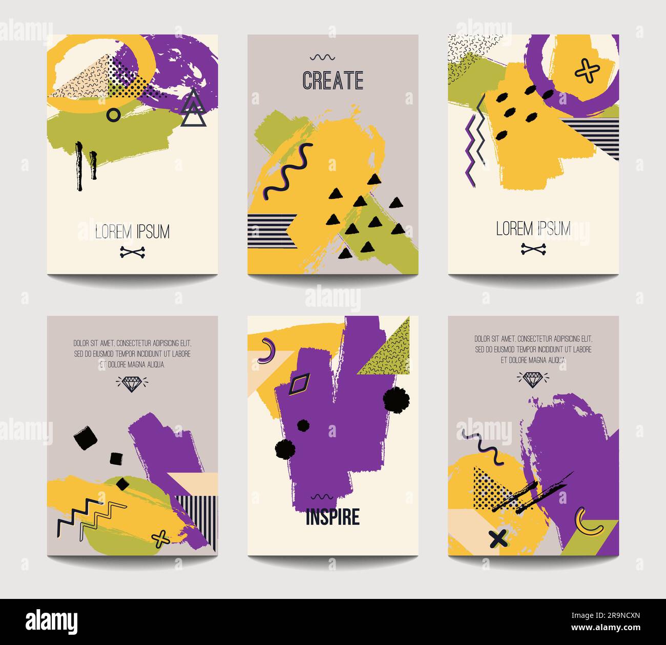 Modelli di brochure vettoriali alla moda con elementi geometrici a pennello disegnati a mano. Design moderno e minimalista per poster, banner, presentazione di copertina, Illustrazione Vettoriale