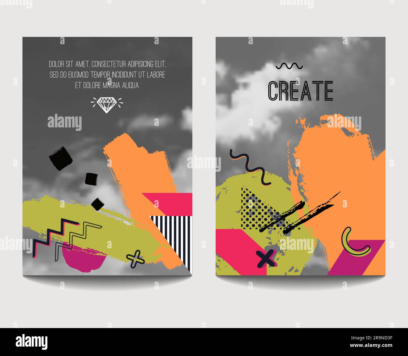 Modelli di brochure vettoriali alla moda con elementi geometrici a pennello disegnati a mano e sfocati. Design moderno e minimalista per poster, bann Illustrazione Vettoriale