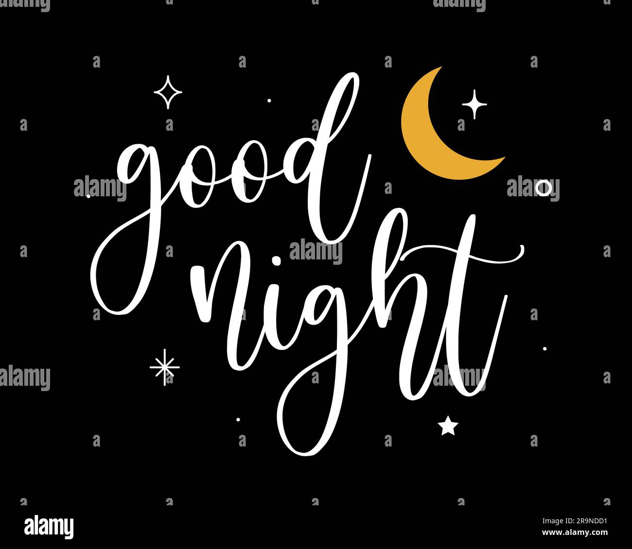 Illustrazione vettoriale di Good Night scritta a mano con lettere moderne a pennello con luna e stelle. Design di striscioni, poster, stampa, volantini, calligrafia isolata Illustrazione Vettoriale