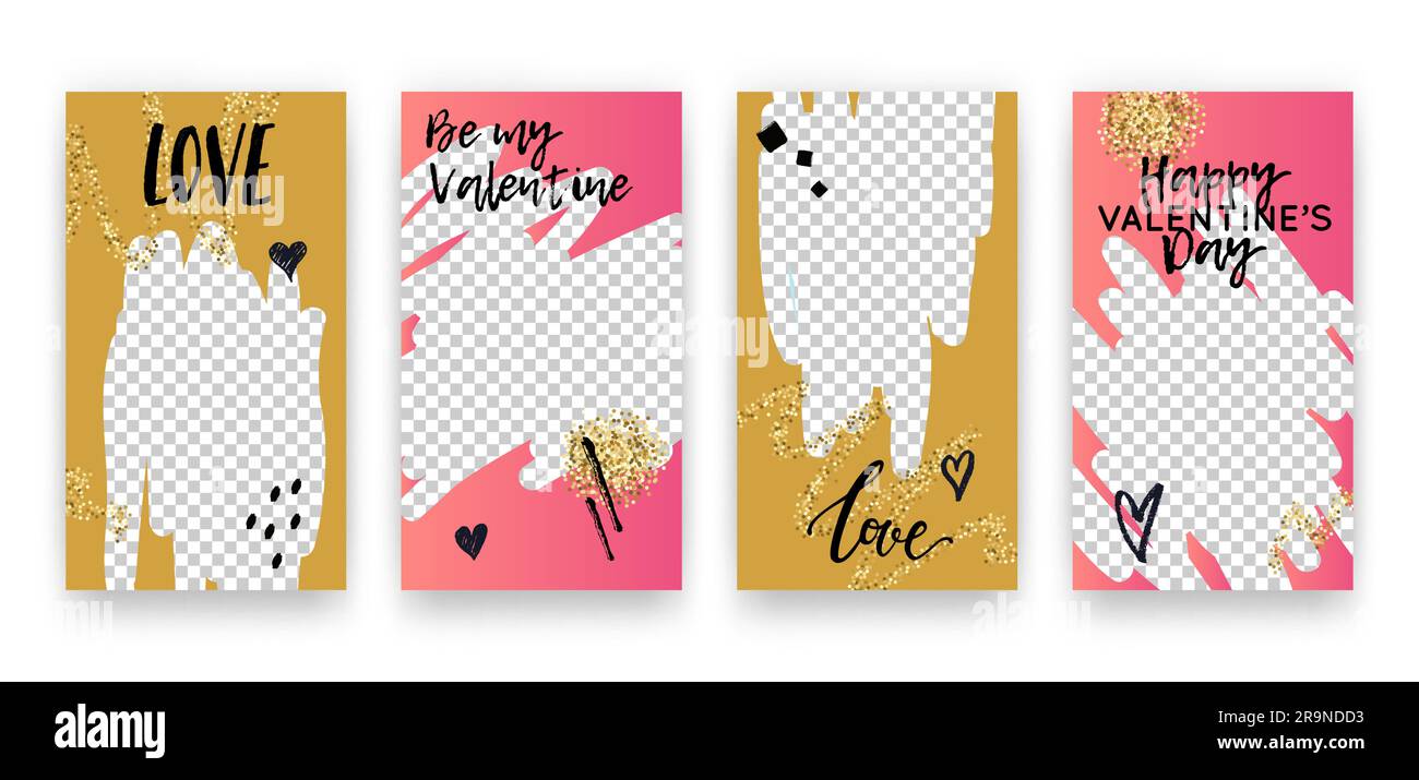 Set vettoriale con modelli modificabili alla moda per le storie dei social network. Banner moderni per San Valentino con cuori e frasi Illustrazione Vettoriale