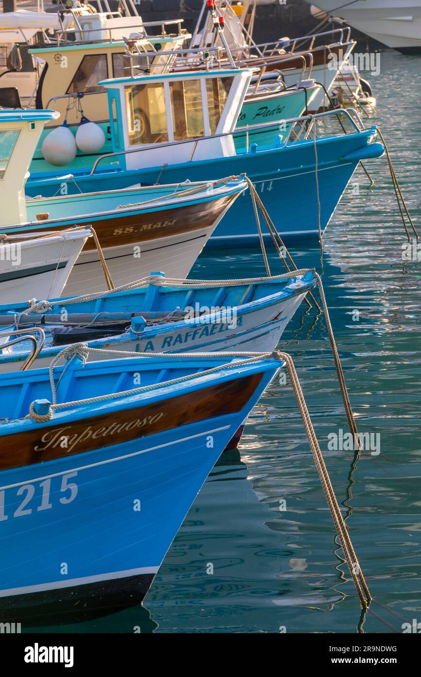 Barche da pesca al tramonto a Marina grande, Capri, Campania, Italia, Europa sud-occidentale Foto Stock