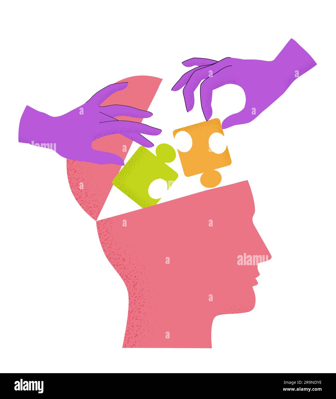 Illustrazione vettoriale della silhouette della testa umana con le mani che mettono i pezzi del puzzle a testa aperta isolati su bianco. Concetto di salute mentale, pensiero proce Illustrazione Vettoriale