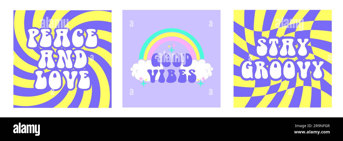 Sfondi estetici astratti vettoriali retrò anni '60, hippie anni '70 con fiori grovigli e frasi ispiratrici. Illustrazioni vintage per fashio Illustrazione Vettoriale