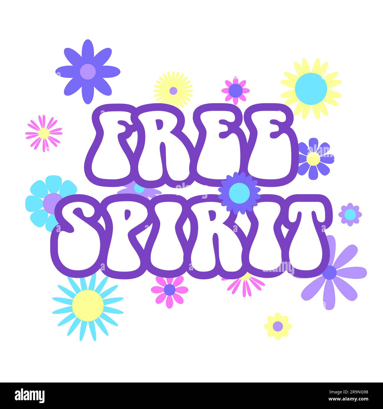 Grafica astratta e vettoriale retrò anni '60, hippie anni '70 con lettere Free Spirit, fiori e sfondo pop art moderno. Modello vintage f Illustrazione Vettoriale