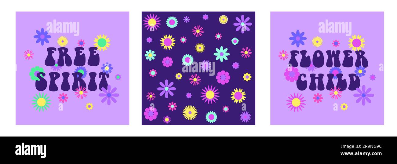 Sfondi estetici astratti vettoriali retrò anni '60, hippie anni '70 con fiori grovigli e frasi ispiratrici. Illustrazioni vintage per fashio Illustrazione Vettoriale