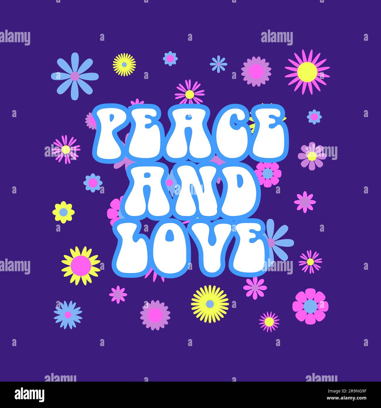 Divertente e divertente, astratto retrò anni '60, hippie groovy illustrazione degli anni '70 Peace and Love with Flowers per stampe, poster o cartoline Illustrazione Vettoriale