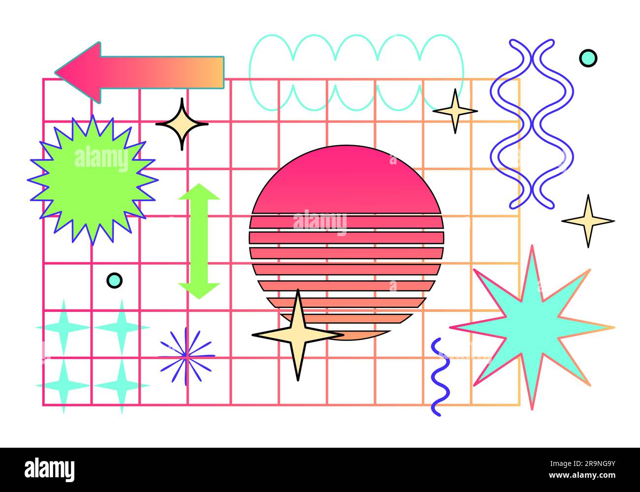Illustrazioni astratte vettoriali di tendenza con motivi retroondeggianti con forme geometriche memphis. Sfondo retrò della Pop Art anni '90 in stile moderno e contemporaneo Illustrazione Vettoriale