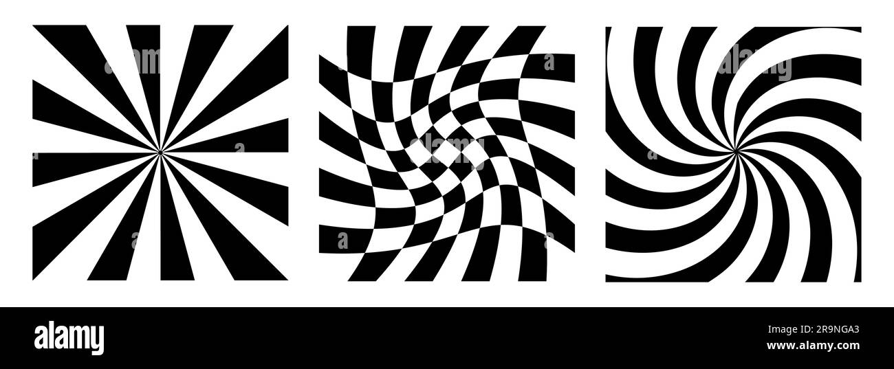 Carte Vector trendy divertenti astratte retrò anni '60 e hippie anni '70 in stile fumetto pop art. Sfondo con onde, spirale e curve per modello flyer, art pri Illustrazione Vettoriale