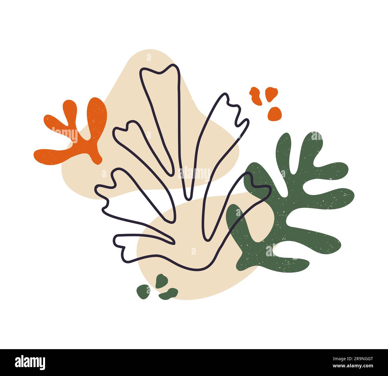 Composizione vettoriale contemporanea con estetiche foglie astratte disegnate a mano e forme fluide. Illustrazione floreale ispirata a Creative Matisse. Childi Illustrazione Vettoriale