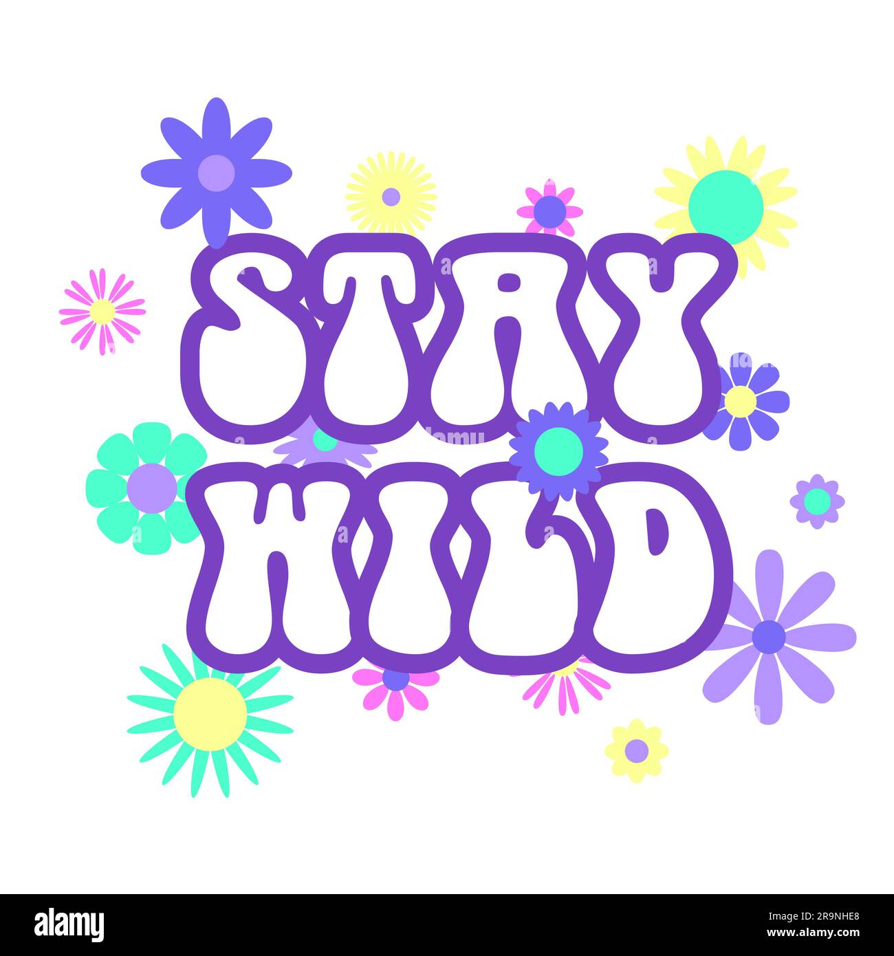 Grafica astratta e vettoriale retrò anni '60, hippie anni '70 con scritta Stay Wild, fiori e sfondo pop art moderno. Modello vintage per Illustrazione Vettoriale