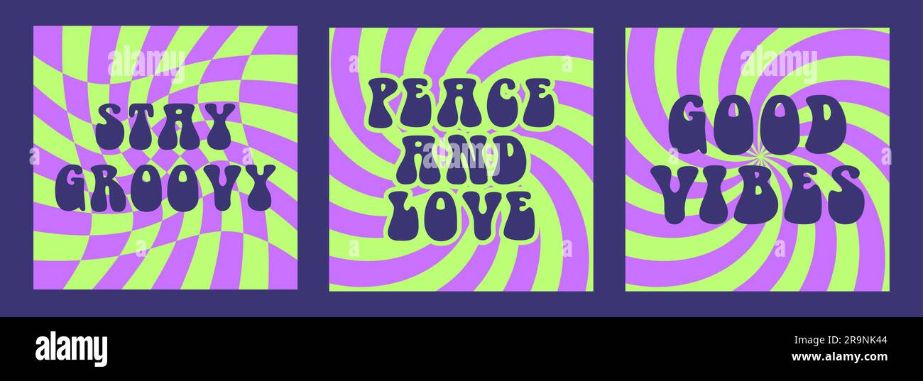 Sfondi estetici astratti vettoriali retrò anni '60, hippie anni '70 con frasi letterarie ispiratrici. Illustrazioni vintage per stampe d'arte della moda, po Illustrazione Vettoriale