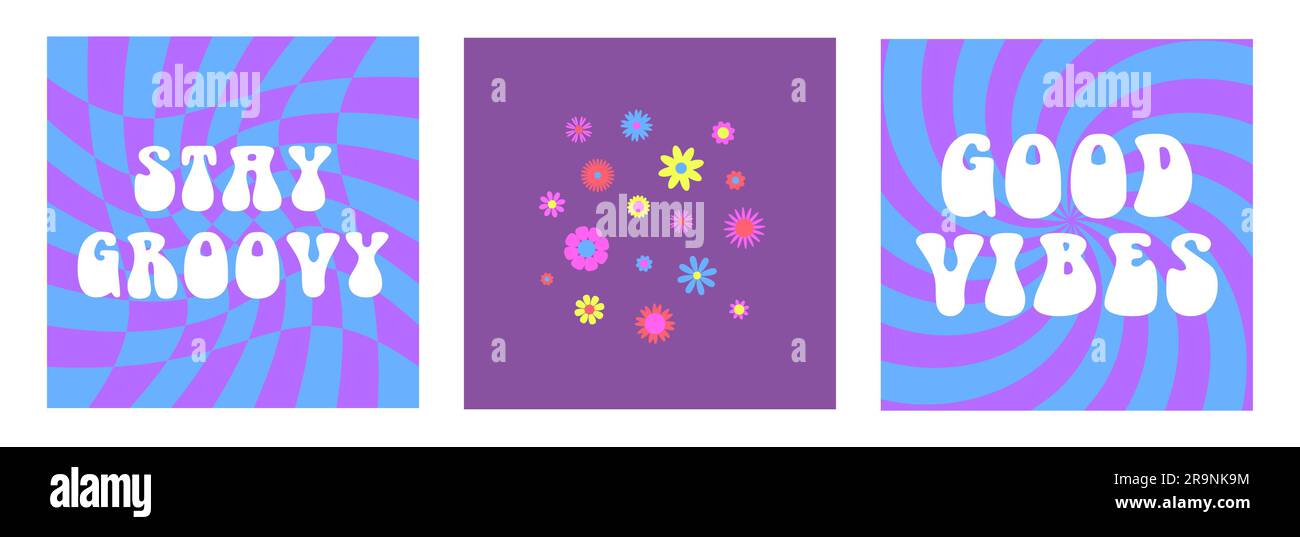 Sfondi estetici astratti vettoriali retrò anni '60, hippie anni '70 con fiori grovigli e frasi ispiratrici. Illustrazioni vintage per fashio Illustrazione Vettoriale