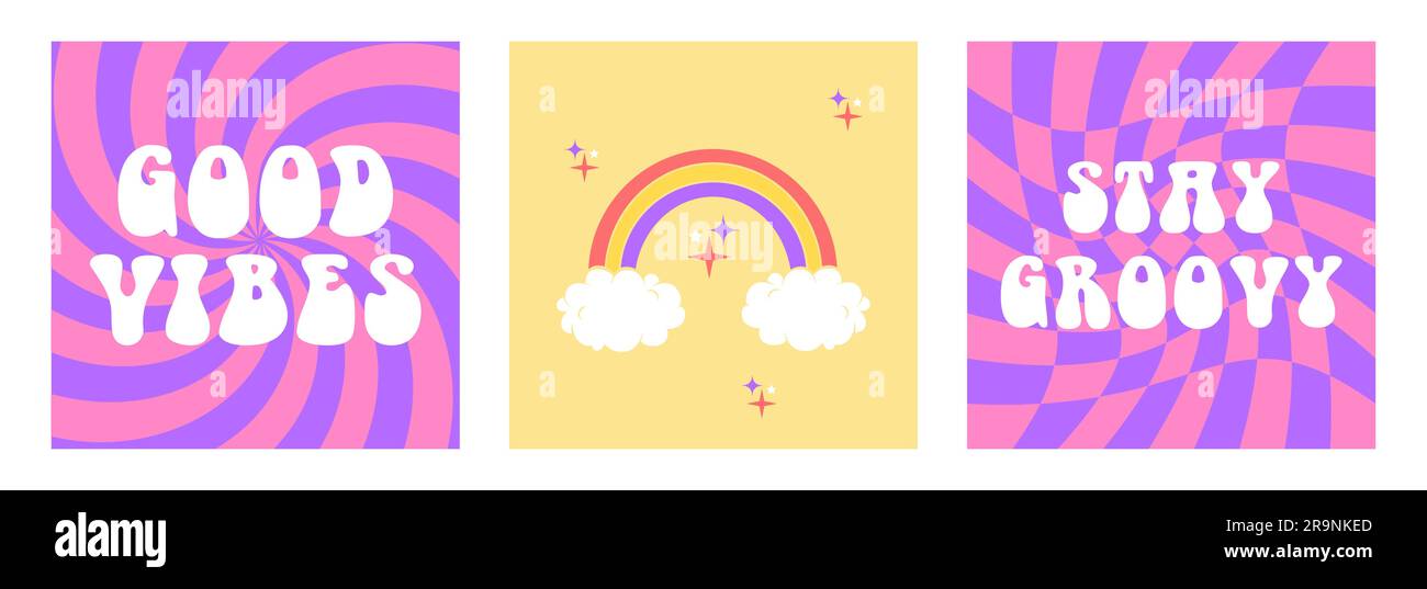 Sfondi estetici astratti vettoriali retrò anni '60, hippie anni '70 con fiori grovigliati, arcobaleno, espressioni letterarie ispirate. Illustrazioni vintage f Illustrazione Vettoriale
