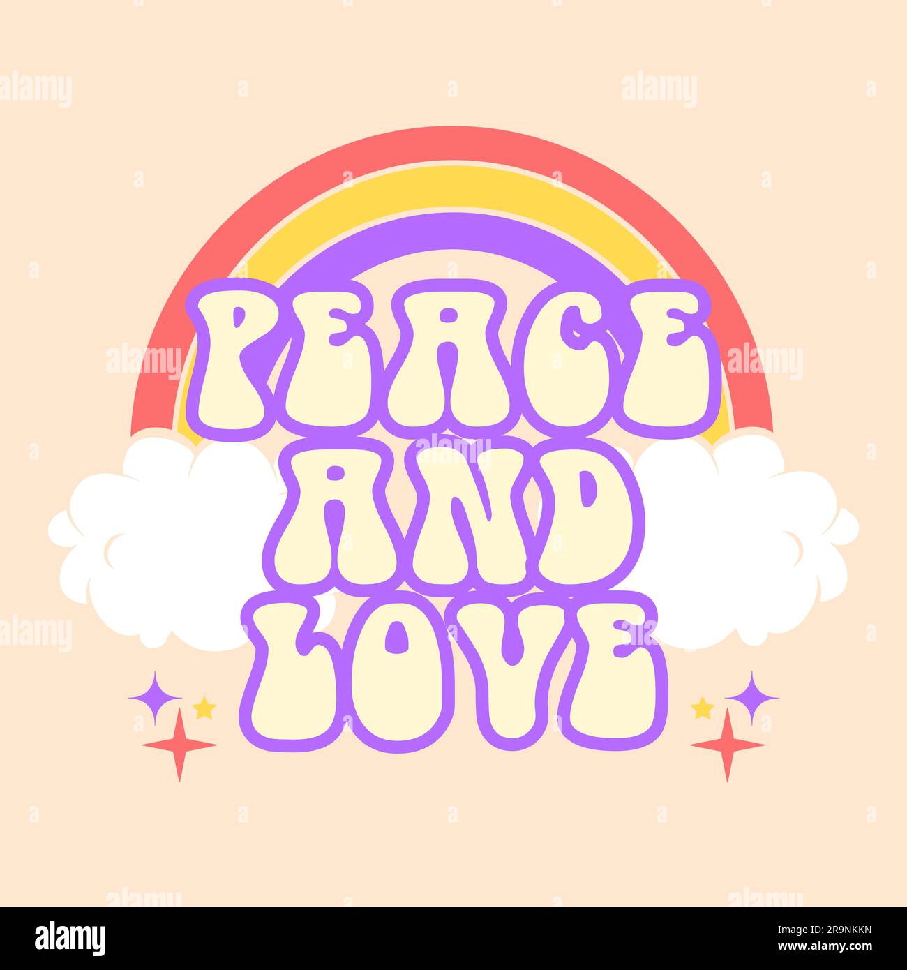 Divertente e divertente, astratto, anni '60, hippie groovy illustrazione degli anni '70 Peace and Love con arcobaleno per stampe, poster o cartoline Illustrazione Vettoriale