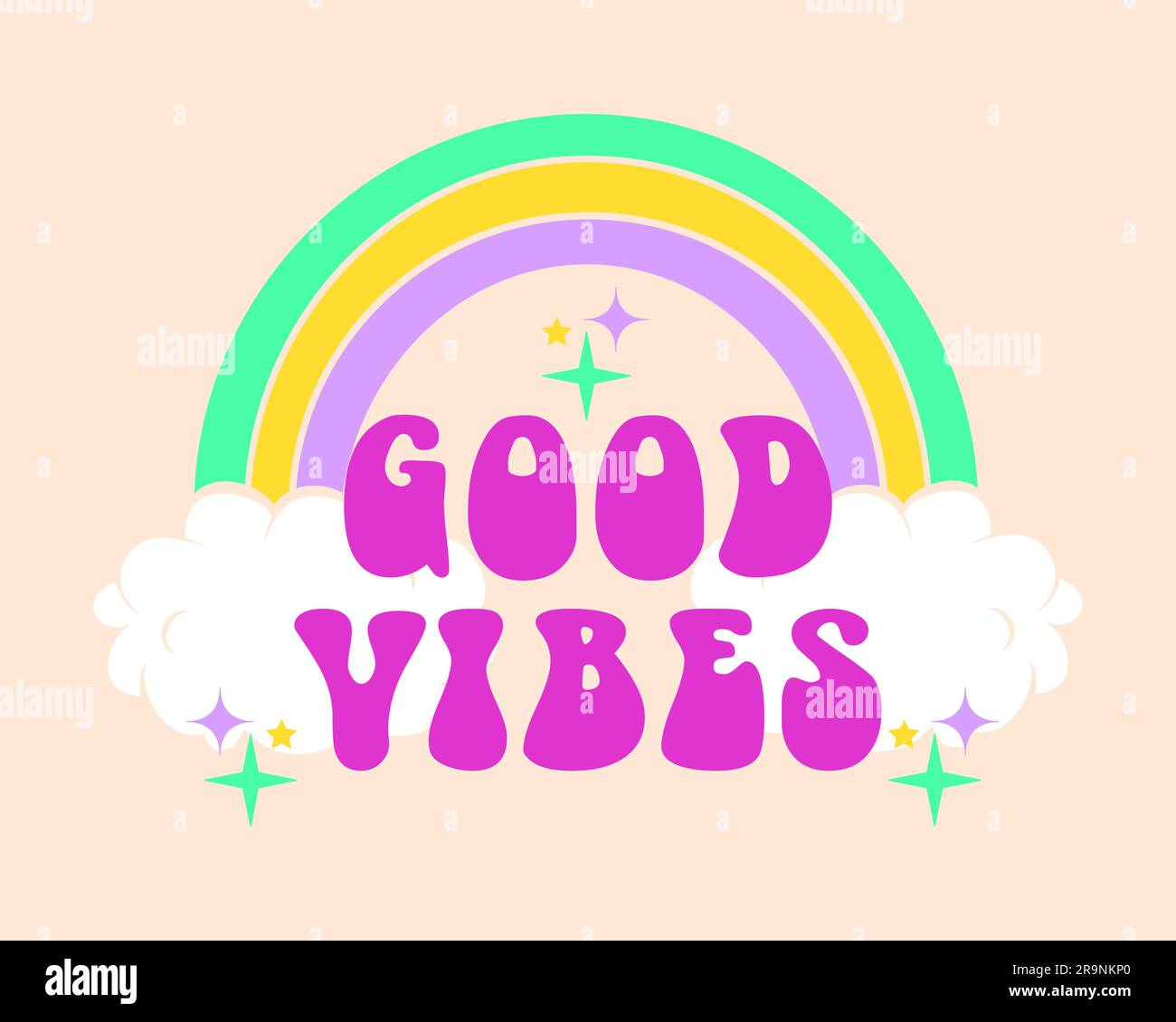 Divertente e divertente, astratto retrò anni '60, hippie groovy illustrazione anni '70 Good Vibes con arcobaleno per stampe d'arte, poster o cartoline Illustrazione Vettoriale