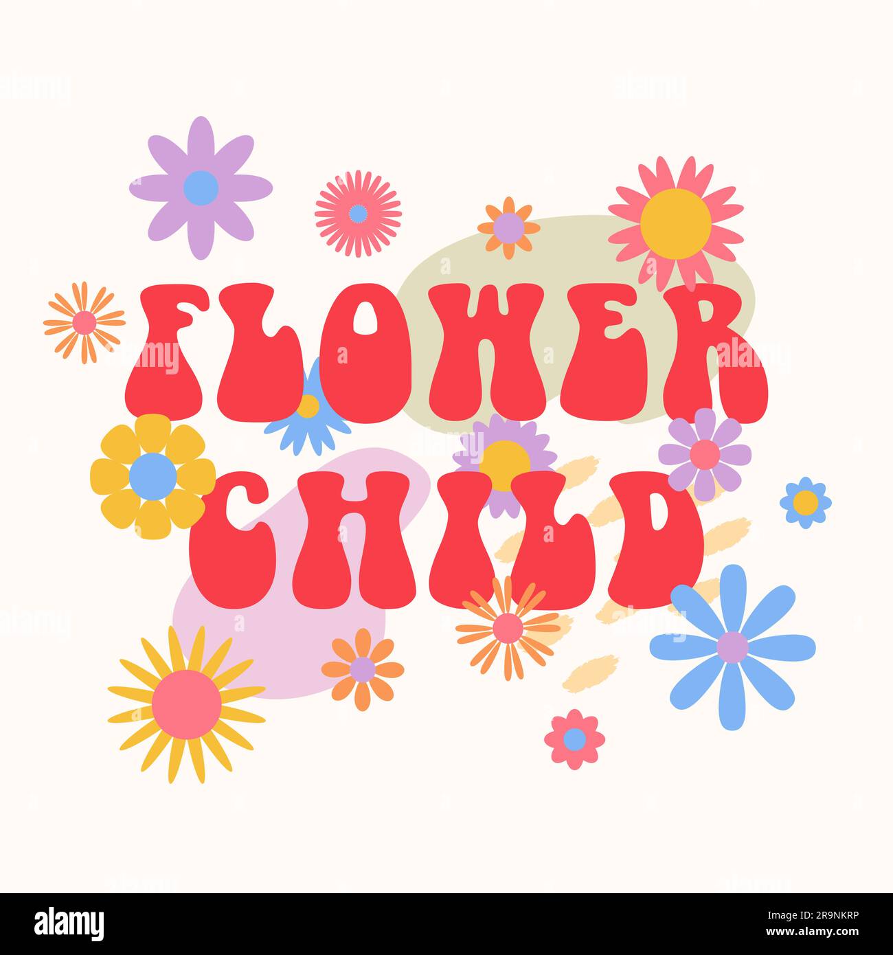 Divertente e divertente, astratto, anni '60, hippie groovy illustrazione anni '70, Fiore bambino con fiori per la stampa di fashion art, poster o cartolina Illustrazione Vettoriale