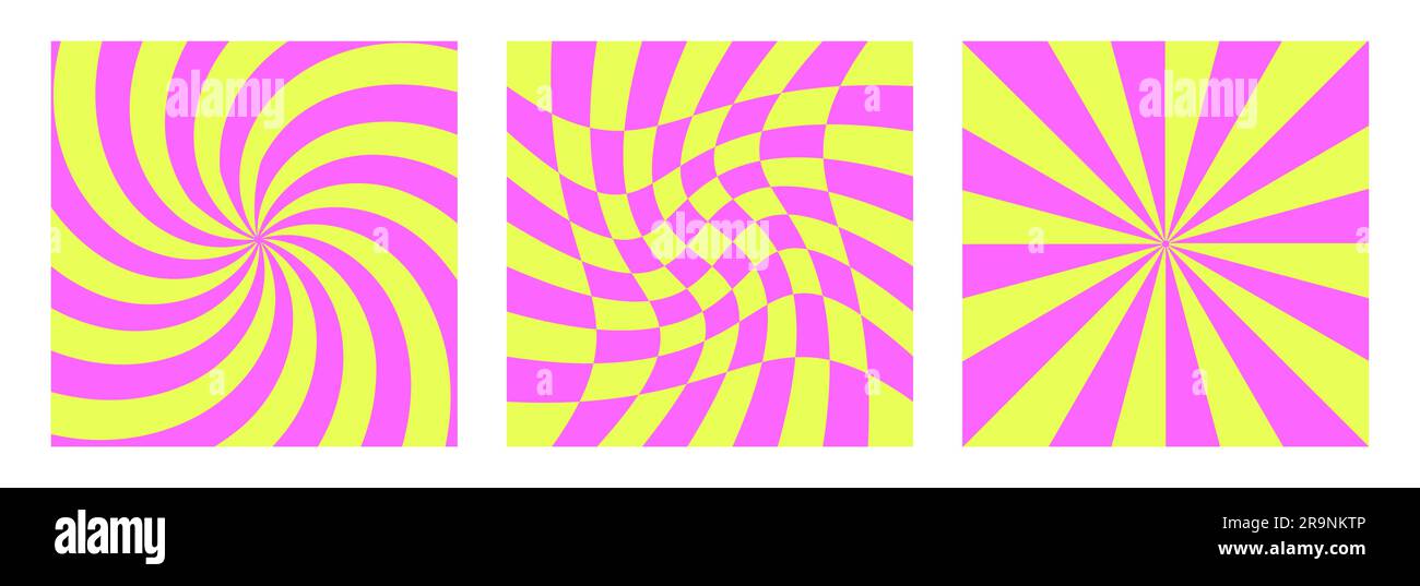 Carte Vector trendy divertenti astratte retrò anni '60 e hippie anni '70 in stile fumetto pop art. Sfondo con onde, spirale e curve per modello flyer, art pri Illustrazione Vettoriale