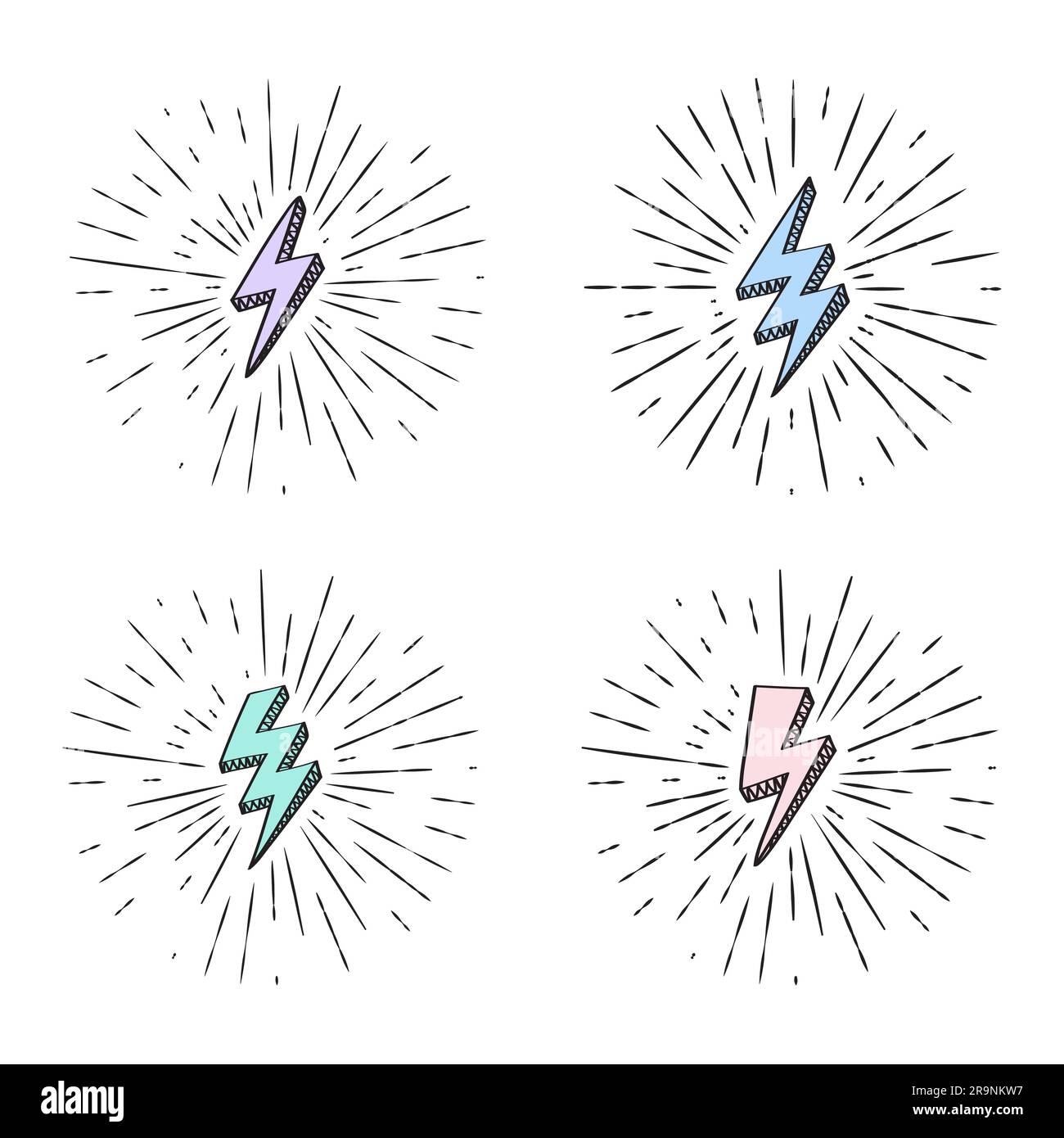 Set retro vettoriale colorato con segnali a fulmini con effetto Sunburst. Illustrazione Vettoriale