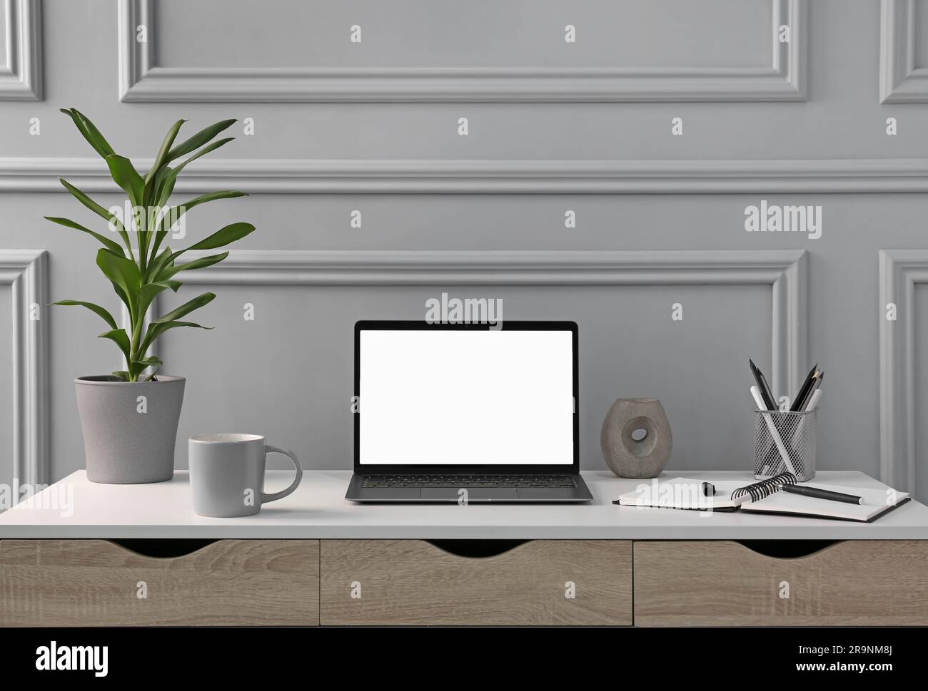 Elegante area di lavoro con computer portatile, cancelleria e piante domestiche su una scrivania in legno Foto Stock