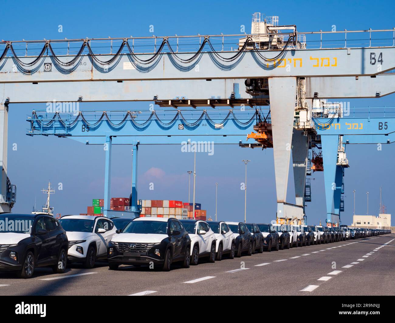 Linee di auto importate appena arrivate sul molo di Haifa, Israele, in attesa di consegna e trasbordo. Possiamo anche vedere un po' del gigantesco gantry Foto Stock