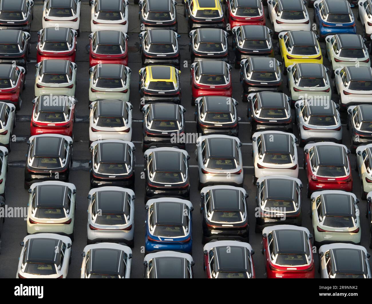 Geometria pura - file infiniti di auto importate di recente disposte a terra nel porto di Zeebrugge, in Belgio. Vista dalla piattaforma di osservazione del nostro moore Foto Stock