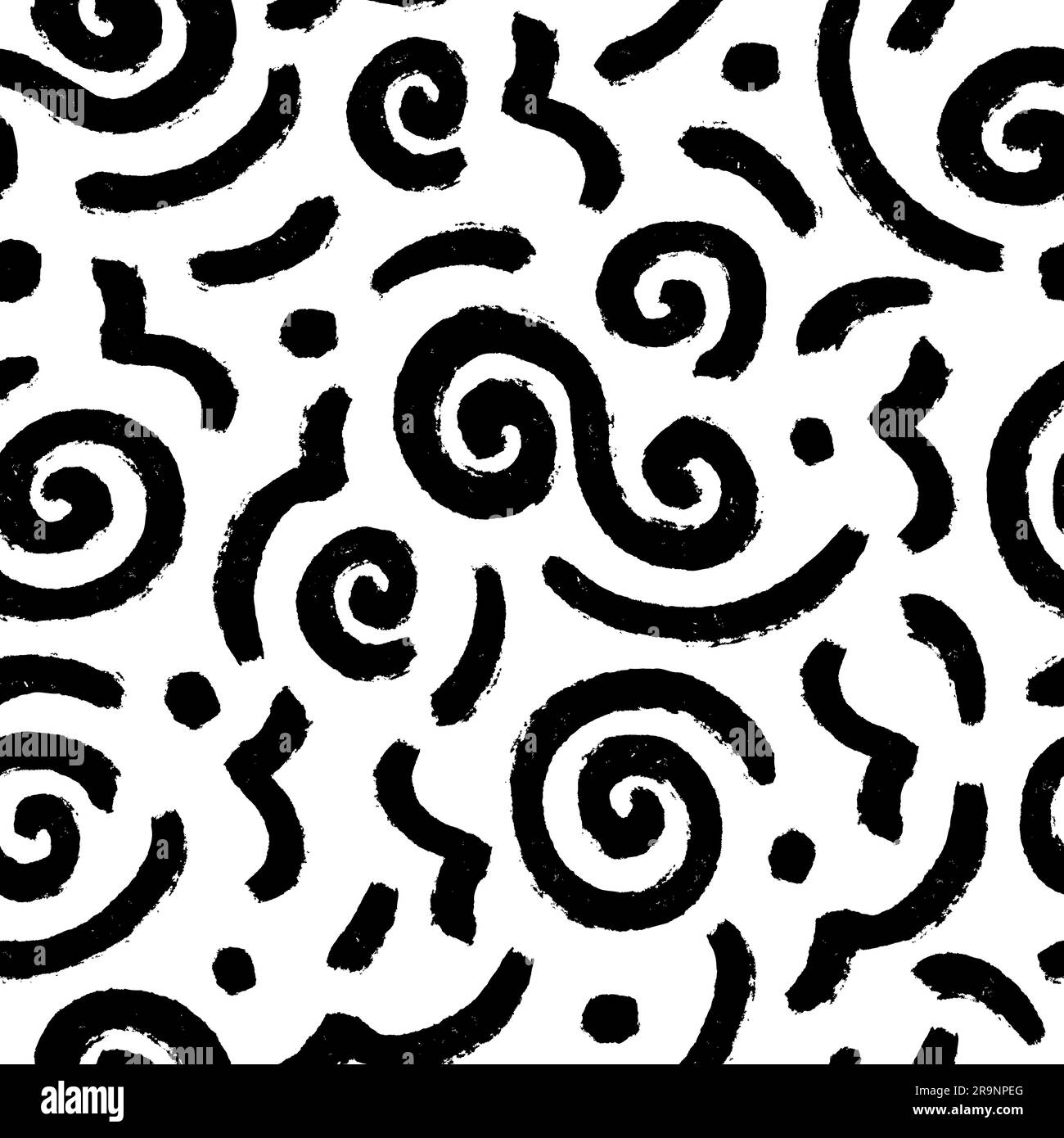 Motivo vettoriale senza cuciture con tratti di pennello nero disegnati a mano. Cerchi astratti e caotici, linee curve, ondulate e puntini, scarabocchi decorativi disordinati Illustrazione Vettoriale