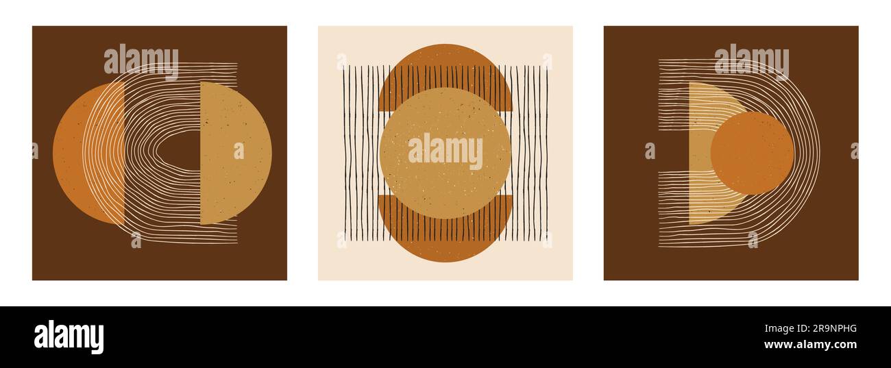 Set vettoriale di poster di progettazione geometrica minimalista boho astratta. Schede creative di modelli alla moda con composizioni di forme primitive per la decorazione delle pareti, p Illustrazione Vettoriale