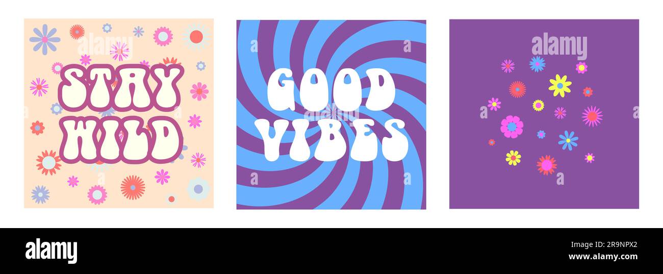 Sfondi estetici astratti vettoriali retrò anni '60, hippie anni '70 con fiori grovigli e frasi ispiratrici. Illustrazioni vintage per fashio Illustrazione Vettoriale