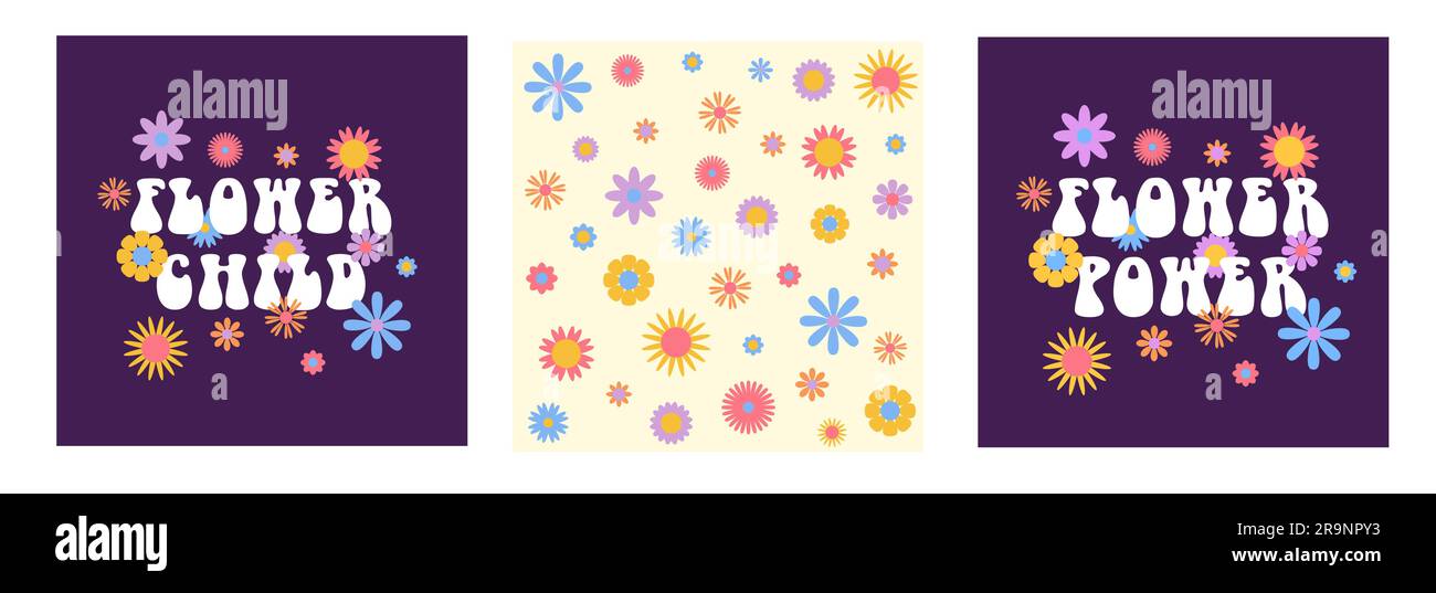 Sfondi estetici astratti vettoriali retrò anni '60, hippie anni '70 con fiori grovigli e frasi ispiratrici. Illustrazioni vintage per fashio Illustrazione Vettoriale