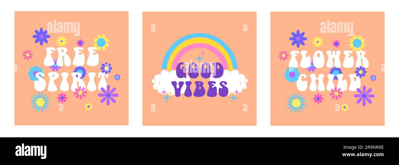 Sfondi estetici astratti vettoriali retrò anni '60, hippie anni '70 con fiori grovigliati, arcobaleno, espressioni letterarie ispirate. Illustrazioni vintage f Illustrazione Vettoriale