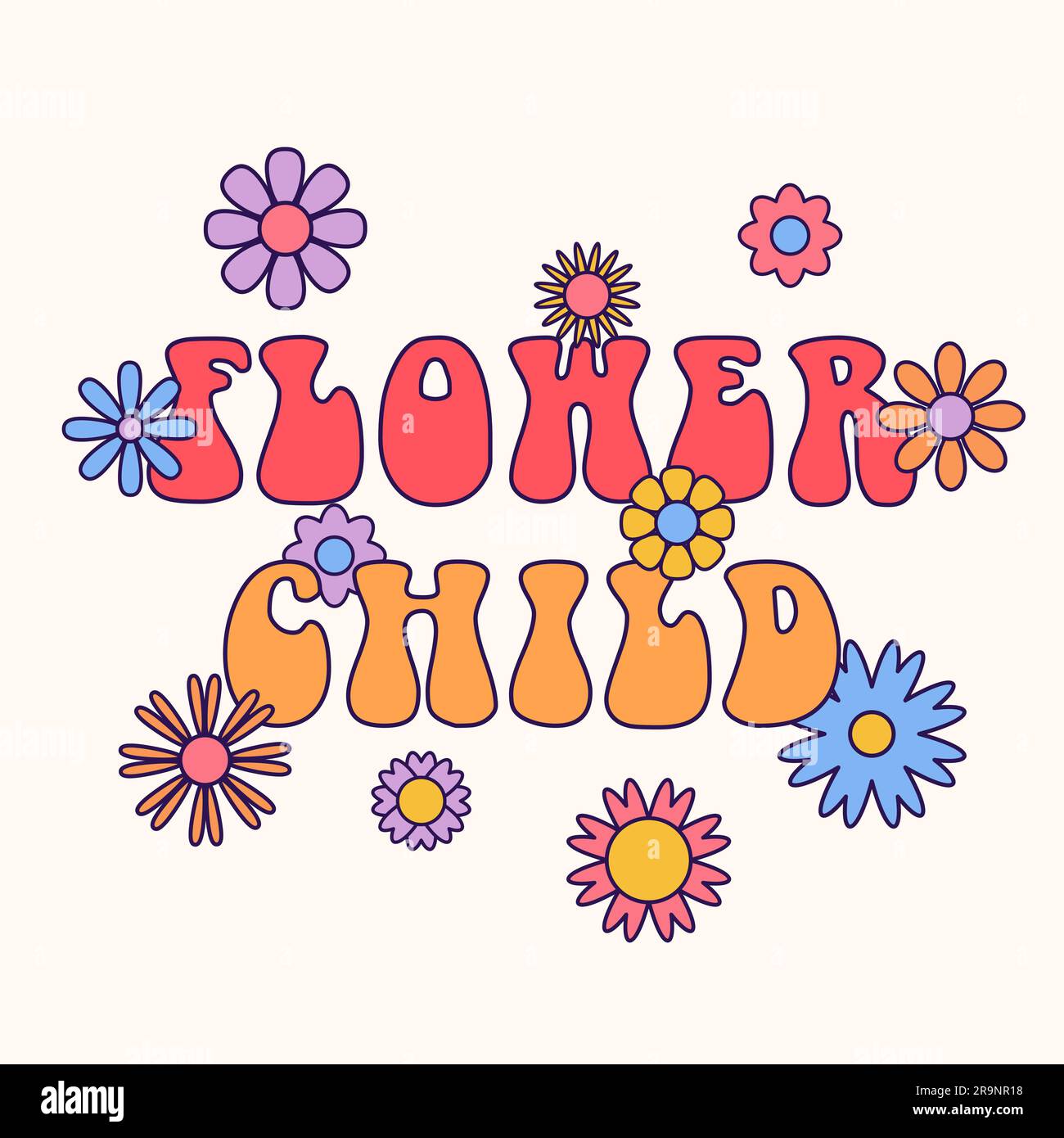 Divertente e divertente, astratto, anni '60, hippie groovy illustrazione anni '70, Fiore bambino con fiori per la stampa di fashion art, poster o cartolina Illustrazione Vettoriale
