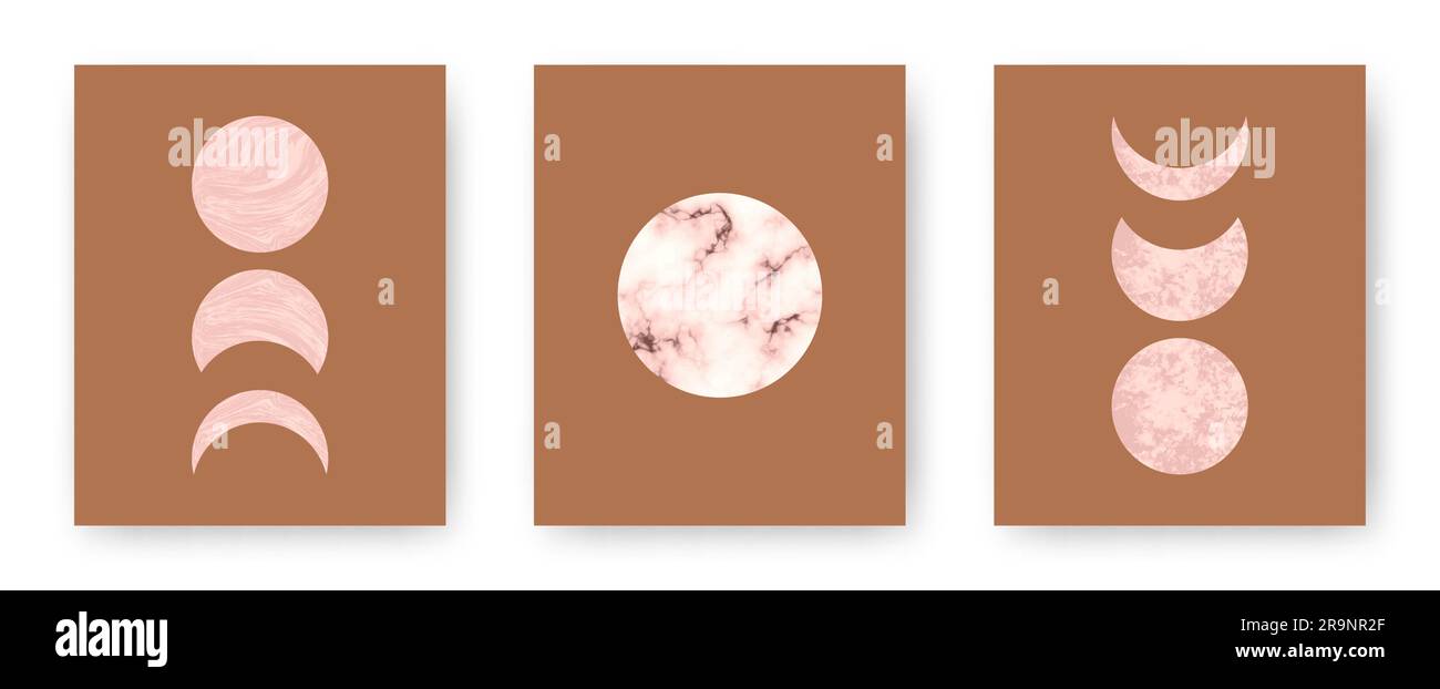 Set vettoriale con carte stampabili alla moda con boho di metà secolo in pietra e marmo con forme di luna e pianeti. Estetica contemporanea astratta Illustrazione Vettoriale